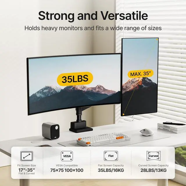 Alt view image 3 of 5 - monTEK Dual Monitor Mount Tall Monitor arms for 2 Monitors for 17 to 35 Inch Curved Screen Holds 35 Lbs Adjustable Heavy Duty Monitor Desk Mount Cable Management, VESA 75/100mm, MA1007PBK-D