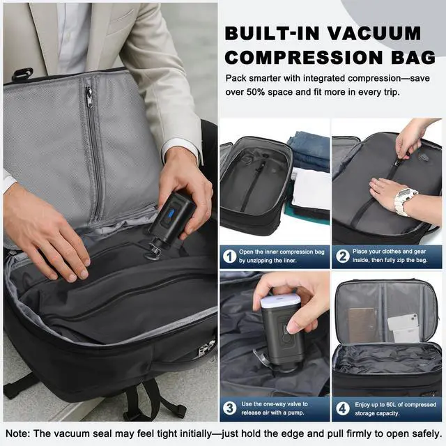 Alt view image 3 of 5 - MUSINOTE Vacuum Backpack Travel - 60L Expandable Carry-On Vacpack Backpack with Vacuum Pump, TSA Lock, Laptop Compartment, Water-Resistant Seal Compression Bag for Business & Flight Travel (Grey)