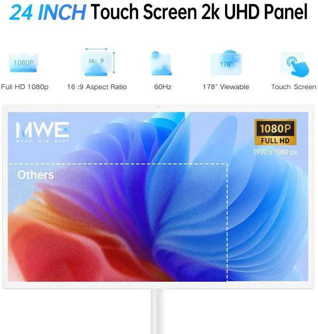 Alt view image 2 of 5 - 24 Inch Portable TV on Wheels, MWE 2K Smart Touch Screen Rolling TV LCD Display with Wires plugged in use, Android OS, Type-C, USB, HDMI Port, Support Wireless Mouse Keyboard