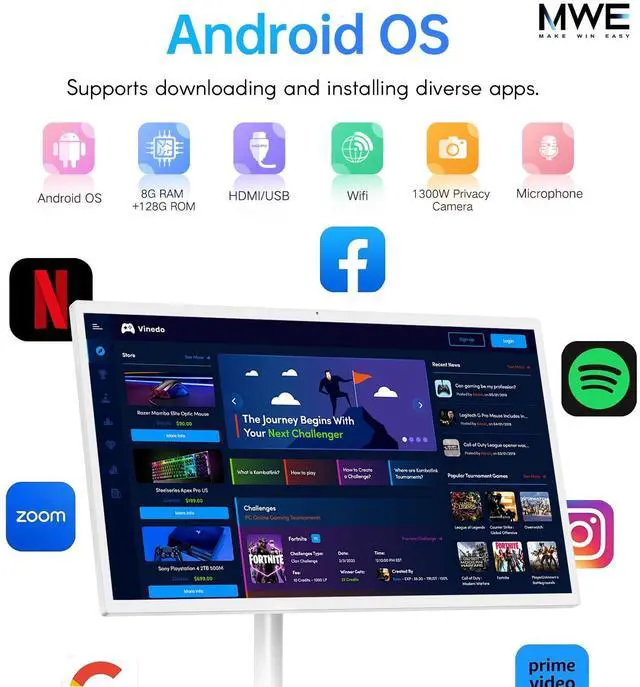 Alt view image 4 of 5 - 24 Inch Portable TV on Wheels, MWE 2K Smart Touch Screen Rolling TV LCD Display with Wires plugged in use, Android OS, Type-C, USB, HDMI Port, Support Wireless Mouse Keyboard