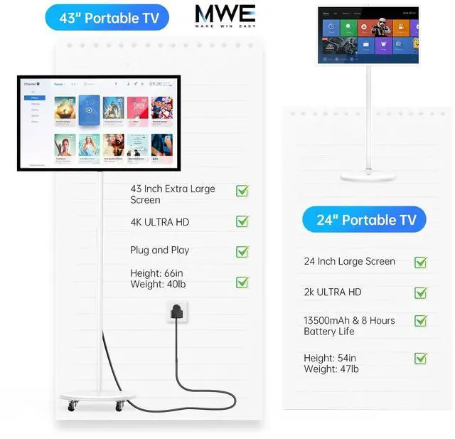 Alt view image 5 of 5 - 24 Inch Portable TV on Wheels, MWE 2K Smart Touch Screen Rolling TV LCD Display with Wires plugged in use, Android OS, Type-C, USB, HDMI Port, Support Wireless Mouse Keyboard