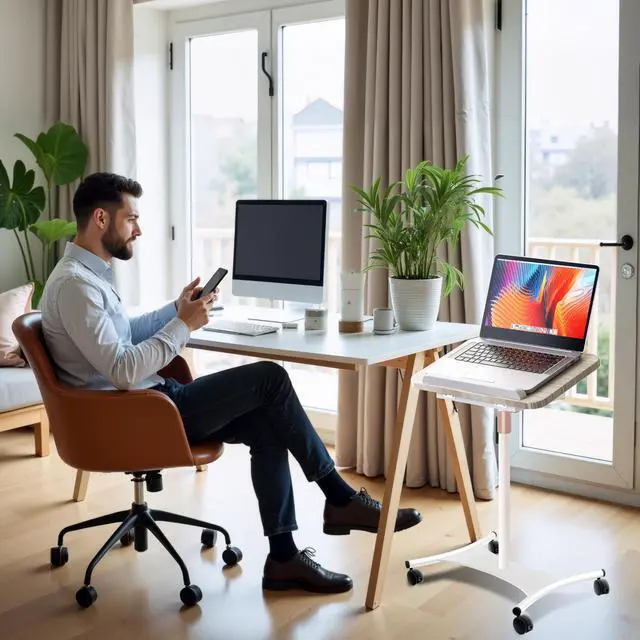 Alt view image 2 of 5 - Rolling Laptop Floor Stand, Dual-Purpose for Desk & Floor, Adjustable Height from 16.5" to 51", with 4 Lockable Casters & Book Page Clips, Laptop Stand Ideal for Projectors, Books, Ipads (White)