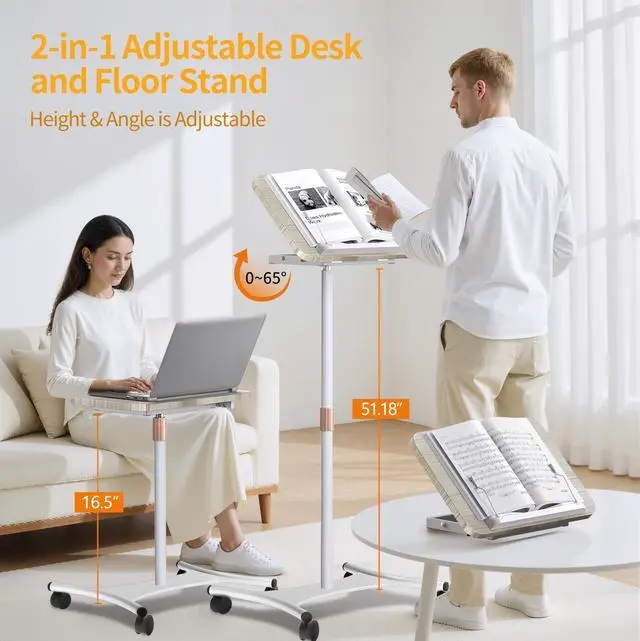 Alt view image 4 of 5 - Rolling Laptop Floor Stand, Dual-Purpose for Desk & Floor, Adjustable Height from 16.5" to 51", with 4 Lockable Casters & Book Page Clips, Laptop Stand Ideal for Projectors, Books, Ipads (White)