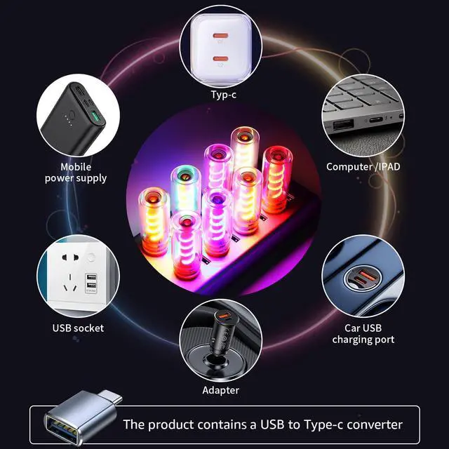 Alt view image 5 of 5 - USB Lights for Car, 6 Pcs Retro Car Interior Lights Set with USB C Adapter - Vintage Touch-Dimmable LED Ambient Lighting - Mini Decorative Light for Auto & Home (Red+Blue+Yellow+Green+Pink+Purple)