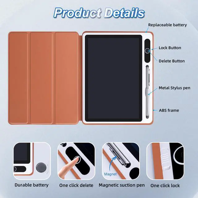 Alt view image 2 of 5 - 10inch LCD Writing Tablet with PU Protective Cover Electronic Writing Notebook Erasable Drawing Board for Adults at Home Office Work(Brown)