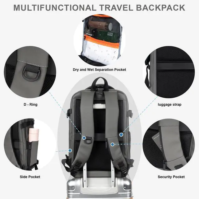 Alt view image 4 of 5 - BAGOK Travel Backpack for Men and Women, Flight-Approved Carry-On Backpack with Laptop Compartment; Large-Capacity Personal Item for Business, Work, School, or Weekend Trips (Gray).