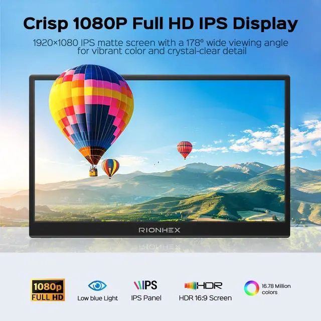 Alt view image 2 of 5 - Rionhex Portable Monitor 15.6" FHD 1080P IPS HDR, USB-C HDMI Plug&Play Laptop Monitor with Kickstand & Speakers, Travel & Gaming Monitor for Laptop/PC/Mac/PS5/Xbox/Switch