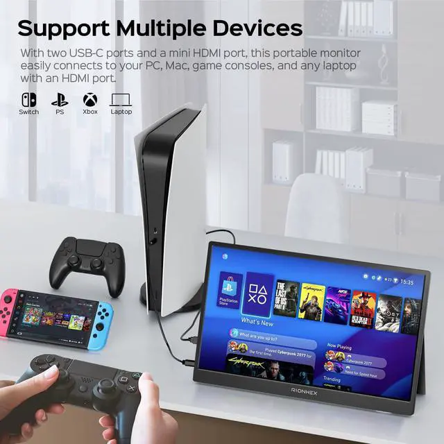 Alt view image 4 of 5 - Rionhex Portable Monitor 15.6" FHD 1080P IPS HDR, USB-C HDMI Plug&Play Laptop Monitor with Kickstand & Speakers, Travel & Gaming Monitor for Laptop/PC/Mac/PS5/Xbox/Switch