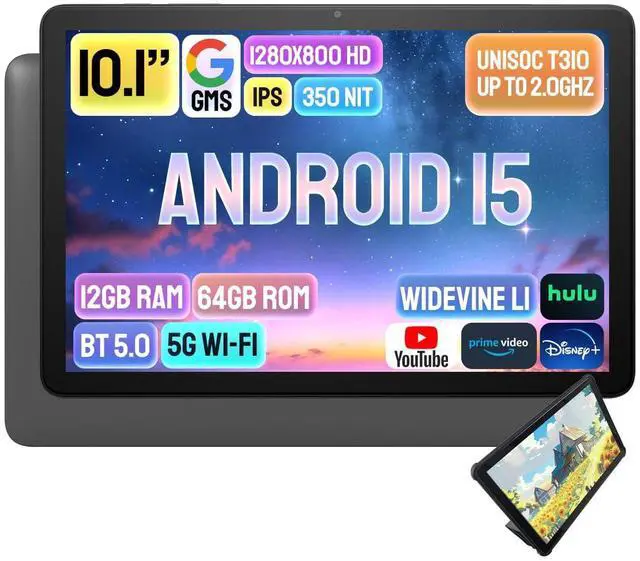 Main image of Android 15 Tablet 10 inch, 12GB RAM, 64GB ROM, 1TB Expandable, 10.1" HD IPS 1280x800 Computer, 5MP+5MP Camera, 5G WiFi+BT5.0+GPS+GMS, Parental Control, with Headphone Jack, Leather Case Included