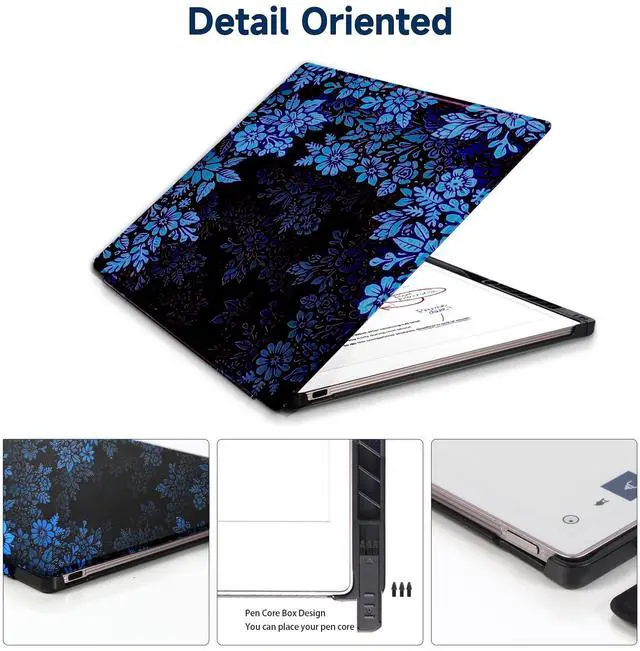 Alt view image 3 of 5 - QIOFEARTH Case for Remarkable Paper Pro Tablet 11.8" (2024 Released) Lightweight and Hard Back Shell Protective Book Folio Cover,Have Auto Sleep/Wake,Pen Holder and Pen Tips Box (Blue Flowers)