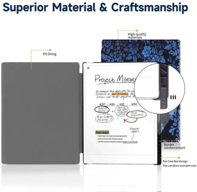 Alt view image 2 of 5 - QIOFEARTH Case for Remarkable Paper Pro Tablet 11.8" (2024 Released) Lightweight and Hard Back Shell Protective Book Folio Cover,Have Auto Sleep/Wake,Pen Holder and Pen Tips Box (Blue Flowers)