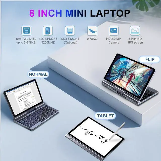 Alt view image 2 of 5 - Mini Laptop, Small Laptop Win 11 Pro 8 inch HD Touch Screen N150 2-in-1 Pocket PC 12GB LPDDR5 RAM, 512GB/1TB SSD Wi-Fi 6,BT 5.2,HDMI,2MP Camera Convertible Laptop (N150-12GB+512GB)
