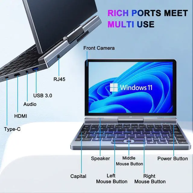Alt view image 4 of 5 - Mini Laptop, Small Laptop Win 11 Pro 8 inch HD Touch Screen N150 2-in-1 Pocket PC 12GB LPDDR5 RAM, 512GB/1TB SSD Wi-Fi 6,BT 5.2,HDMI,2MP Camera Convertible Laptop (N150-12GB+512GB)