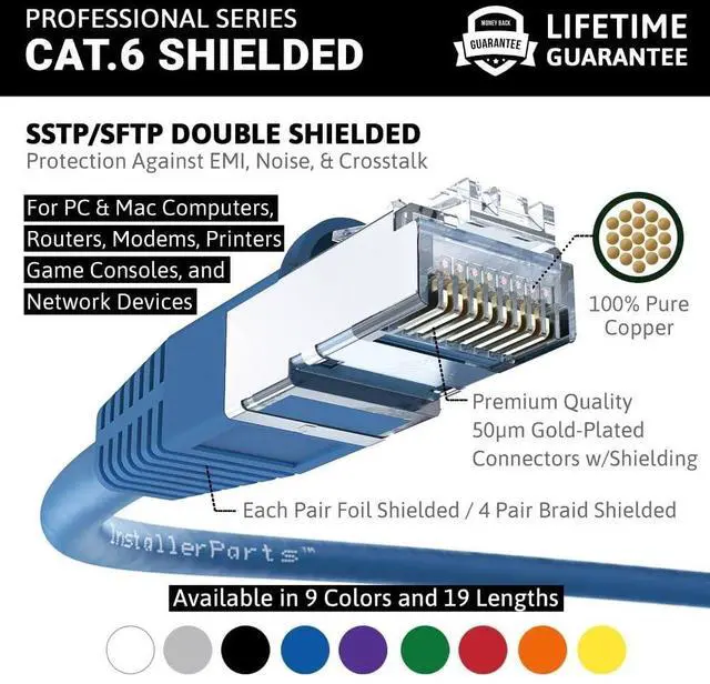 Alt view image 2 of 5 - InstallerParts Ethernet Cable CAT6 Cable Shielded (SSTP/SFTP) Booted 25 FT - Blue - Professional Series - 10Gigabit/Sec Network/High Speed Internet Cable, 550MHZ