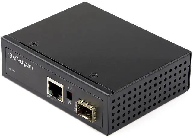 Main image of StarTech.com Industrial Fiber to Ethernet Media Converter - 10/100/1000 Mbps SFP to RJ45/Cat6 - Singlemode/Multimode Optical Fiber to Copper Gigabit Network - 12-56V DC - IP-30/ -40 to +75C, TAA