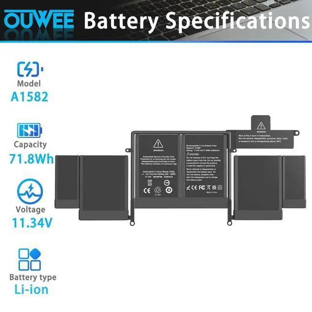 Alt view image 2 of 5 - OUWEE A1582 A1502 Laptop Battery Compatible with Apple MacBook Pro Retina 13 A1493 [Early 2015, Mid 2014, Late 2013] Series A1582 A1502 A1493 71.8Wh 6300mAh 11.34V