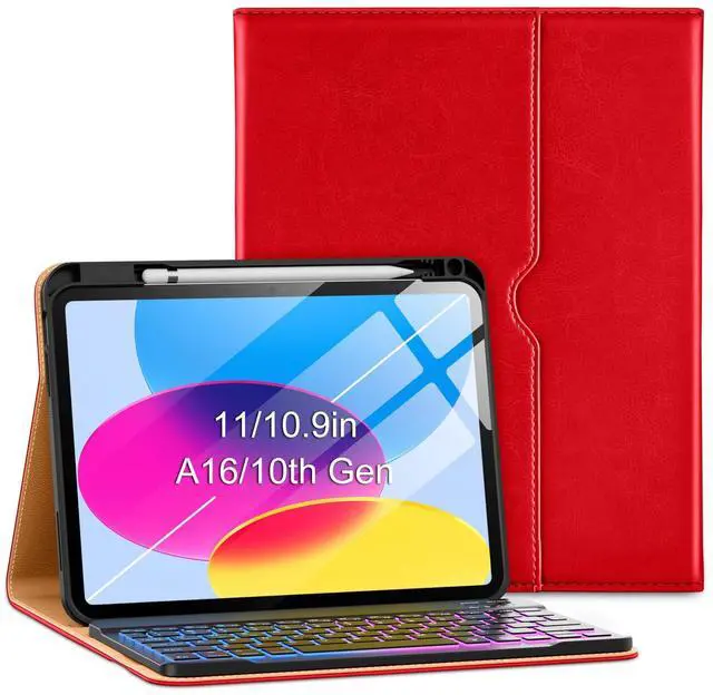 Main image of VIKESI Keyboard Case for iPad (A16,2025) 11th Generation/iPad 10th Generation Case (10.9" 2022),Premium Leather Smart Cover,Built-in Breathing Light,Function Row,Pencil Holder,Card Slots - Bright Red