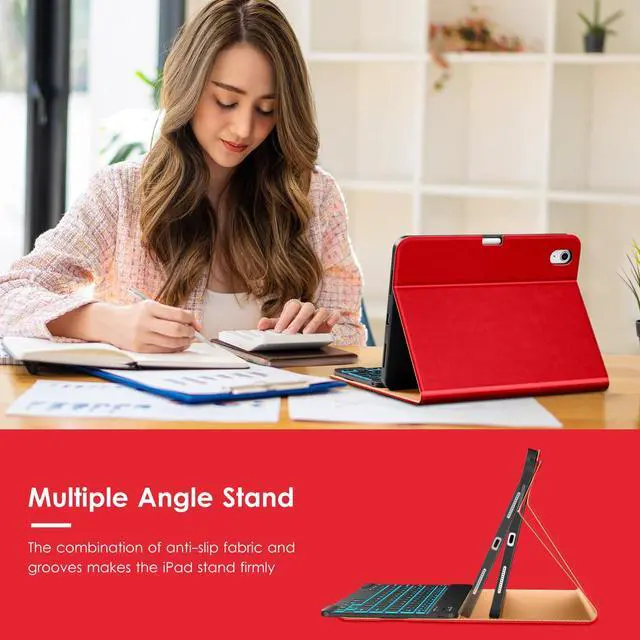 Alt view image 5 of 5 - VIKESI Keyboard Case for iPad (A16,2025) 11th Generation/iPad 10th Generation Case (10.9" 2022),Premium Leather Smart Cover,Built-in Breathing Light,Function Row,Pencil Holder,Card Slots - Bright Red