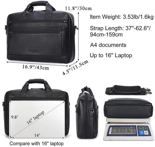 Alt view image 3 of 5 - Masa Kawa Mens Leather Briefcase for 16" Laptop Waterproof Crossbody Shoulder Messenger Bag Computer Attache Case for Business Travel Work, Black