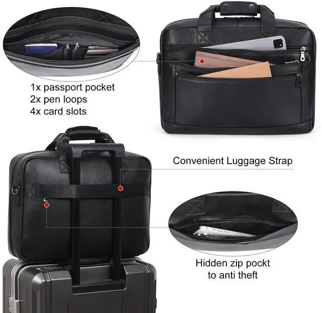 Alt view image 4 of 5 - Masa Kawa Mens Leather Briefcase for 16" Laptop Waterproof Crossbody Shoulder Messenger Bag Computer Attache Case for Business Travel Work, Black