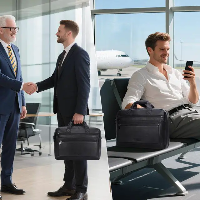 Alt view image 2 of 5 - Masa Kawa Mens Leather Briefcase for 16" Laptop Waterproof Crossbody Shoulder Messenger Bag Computer Attache Case for Business Travel Work, Black