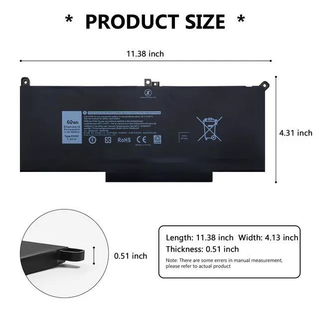 Alt view image 2 of 5 - F3YGT Laptop Battery Replacement for Dell Latitude 12 7000 7280 7290/13 7000 7380 7390 P29S002/14 7000 7480 7490 P28S P28S001 P73G P73G002 Series DM3WC 0DM3WC DM6WC 2X39G KG7VF V4940 (7.6V/60Wh)