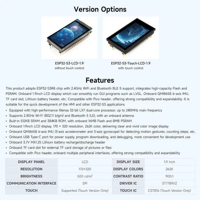 Alt view image 4 of 5 - Waveshare ESP32-S3 1.9inch Display Development Board, 170×320 Pixels, 262K Color, 32-bit LX7 Dual-core,32-bit LX7 Dual-core, Up to 240MHz, 90° Rotation Support, with Touch Function