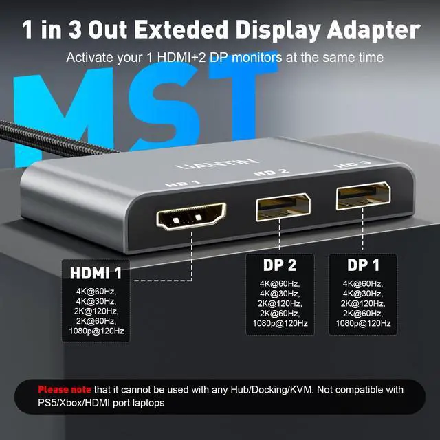 Alt view image 2 of 5 - UANTIN DisplayPort to Dual DisplayPort with HDMI Splitter for 3 Monitors Extended Display Adapter 4K@60Hz 1 in 3 Out MST Hub for Multiple Monitor DP Compatible with NVIDIA/AMD Graphic Card