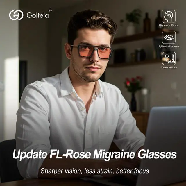 Alt view image 2 of 5 - Goiteia FL 41 Migraine Glasses,Light Sensitivity Glasses for Fluorescent LED Glare,Photophobia,Computer Screen Glare,Spring Hinges for Better Comfort