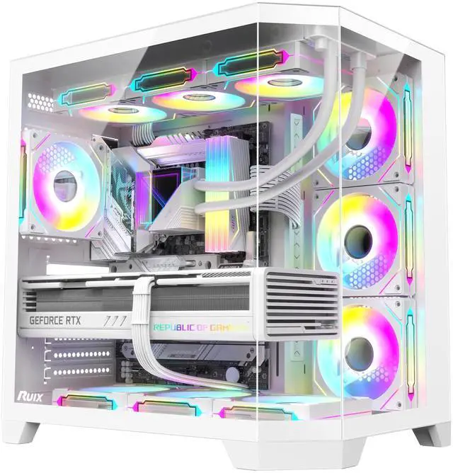 Main image of RUIX OV303 ATX Mid-Tower PC Case, Pre-Installed 4 x 120mm Prism ARGB PWM Fans, USB 3.0 & Type-C Ports, High-Airflow Gaming Computer Case - White