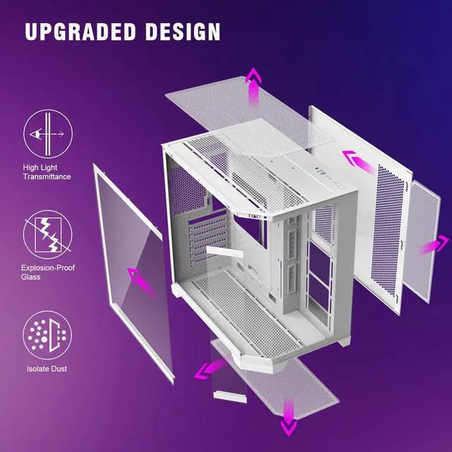 Alt view image 5 of 5 - RUIX OV303 ATX Mid-Tower PC Case, Pre-Installed 4 x 120mm Prism ARGB PWM Fans, USB 3.0 & Type-C Ports, High-Airflow Gaming Computer Case - White