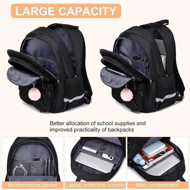 Alt view image 3 of 5 - Liokesa School Backpack for Teen Girls, Cute College Back Pack for Women, Kids Backpack for Girls, Middle Students School BookBag, 15.6 Inch Laptop Bag Travel Back Pack, Black