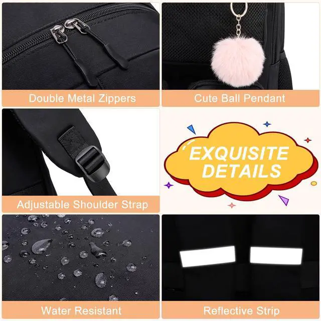 Alt view image 5 of 5 - Liokesa School Backpack for Teen Girls, Cute College Back Pack for Women, Kids Backpack for Girls, Middle Students School BookBag, 15.6 Inch Laptop Bag Travel Back Pack, Black