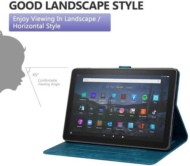 Alt view image 4 of 5 - Dteck Case for All-New Amazon Kindle Fire HD 10 & 10 Plus Tablet (13th/11th Generation, 2023/2021 Release) 10.1", Premium PU Leather Embossed Flower Folio Stand Case Cover with Pencil Holder,Blue