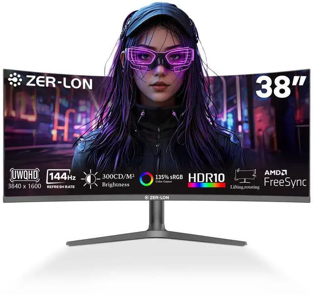 Main image of ZER-LON 38 Inch Ultrawide Curved Monitor, WQHD 3840 x 1600p 144Hz Computer Monitor, 135% sRGB, 100% DCI-P3, 300Nits, 2500R, Tilt/Height/Pivot Adjustment, Mountable