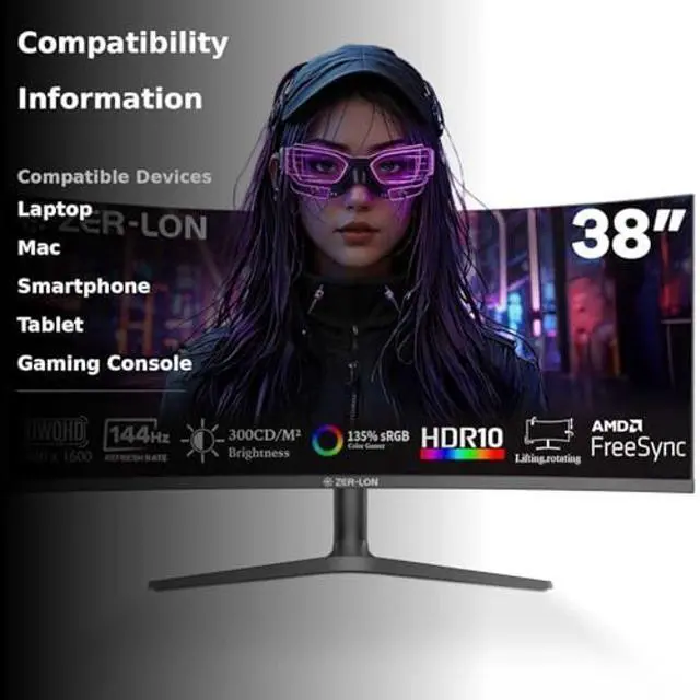 Alt view image 3 of 5 - ZER-LON 38 Inch Ultrawide Curved Monitor, WQHD 3840 x 1600p 144Hz Computer Monitor, 135% sRGB, 100% DCI-P3, 300Nits, 2500R, Tilt/Height/Pivot Adjustment, Mountable