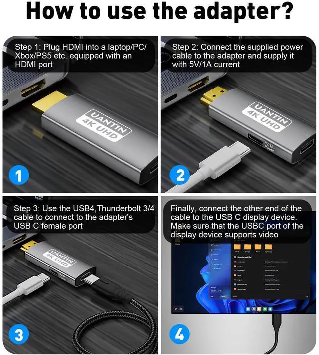 Alt view image 2 of 5 - UANTIN HDMI to USB C Adapter (4K 60Hz) Uni-Directional HDMI (Source) to Type-C (Display) Male to Female Compatible with Laptop,PS5,XR/AR Glasses,Portable Monitor, Not Charging The Device