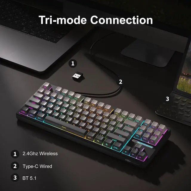 Alt view image 2 of 5 - Camiysn x MageGee Light 87 Gasket Mechanical Keyboard,80% Layout 87 Keys Wireless Hot Swappable Gaming Keyboard with 5 Sound Absorbing Layers,Side Printed PBT Keycaps 2.4GHz/USB-C/BT5.0,RGB