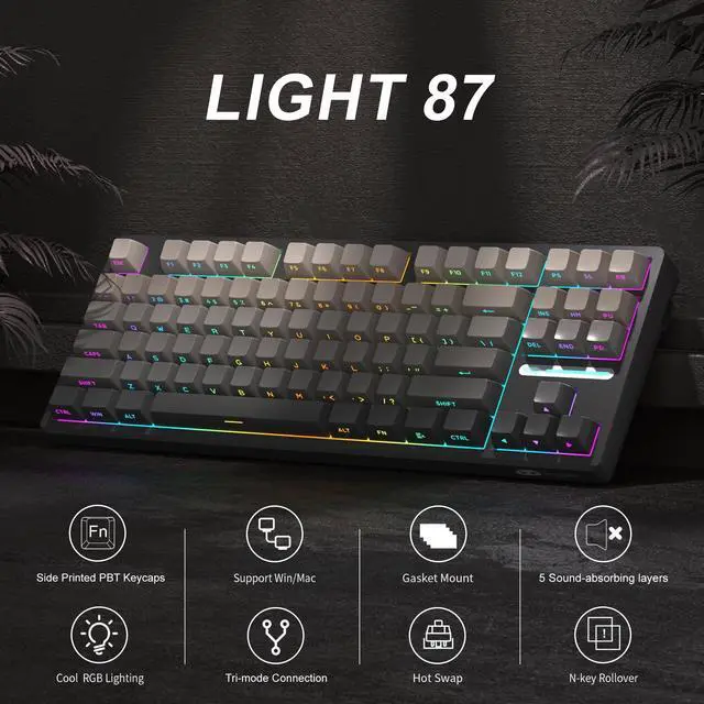 Alt view image 5 of 5 - Camiysn x MageGee Light 87 Gasket Mechanical Keyboard,80% Layout 87 Keys Wireless Hot Swappable Gaming Keyboard with 5 Sound Absorbing Layers,Side Printed PBT Keycaps 2.4GHz/USB-C/BT5.0,RGB