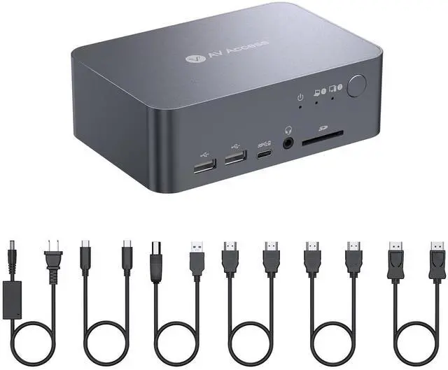 Main image of AV Access KVM Switch 2 Monitors 2 Computers with Ethernet, EDID, 4K@60Hz/2K@144Hz/1080P@240Hz, KVM Docking Station Dual Monitor for Laptop & Desktop, USB-C Charge, Aluminum, 3xUSB 3.0, Power Supply