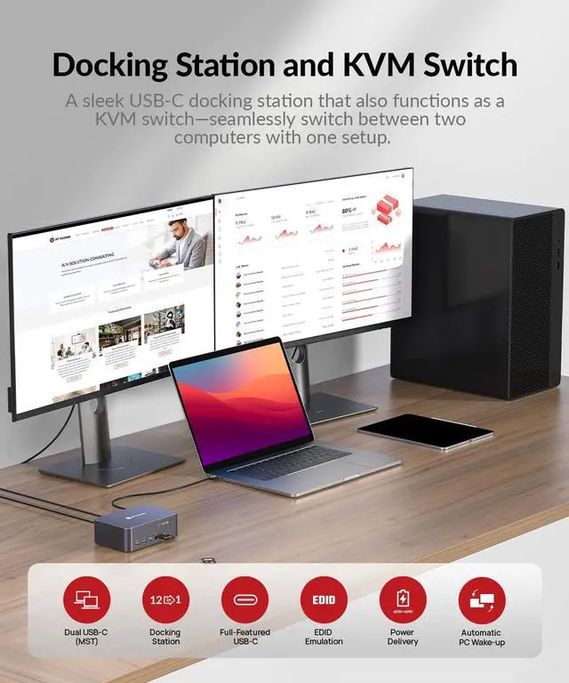 Alt view image 2 of 5 - AV Access KVM Switch 2 Monitors 2 Computers with Ethernet, EDID, 4K@60Hz/2K@144Hz/1080P@240Hz, KVM Docking Station Dual Monitor for Laptop & Desktop, USB-C Charge, Aluminum, 3xUSB 3.0, Power Supply