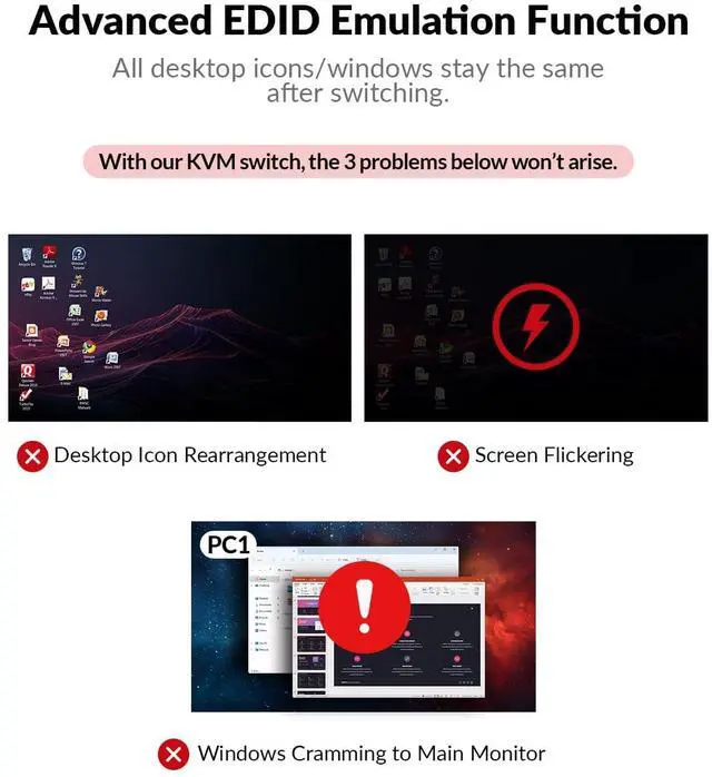 Alt view image 3 of 5 - AV Access KVM Switch 2 Monitors 2 Computers with Ethernet, EDID, 4K@60Hz/2K@144Hz/1080P@240Hz, KVM Docking Station Dual Monitor for Laptop & Desktop, USB-C Charge, Aluminum, 3xUSB 3.0, Power Supply