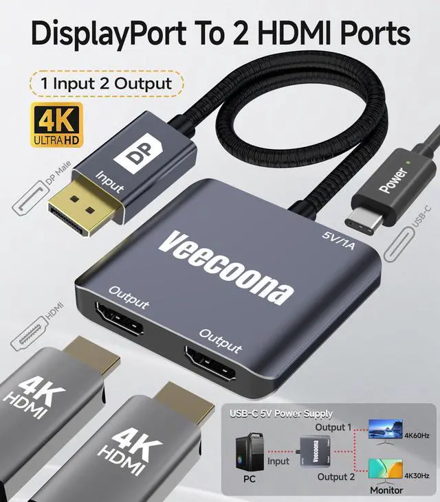 Alt view image 2 of 5 - DisplayPort to Dual HDMI Adapter 1 in 2 Out | 4K60Hz, DP Source to HDMI Splitter Extended Display port splitter for Dual monitors, for Desktop,Laptop,NVIDIA, AMD Graphics Card - MACOS Not Support MST