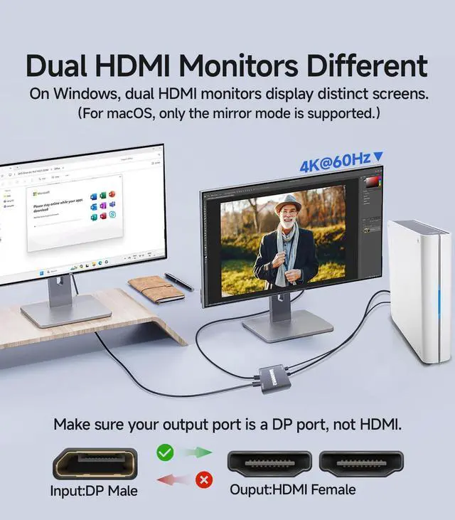 Alt view image 4 of 5 - DisplayPort to Dual HDMI Adapter 1 in 2 Out | 4K60Hz, DP Source to HDMI Splitter Extended Display port splitter for Dual monitors, for Desktop,Laptop,NVIDIA, AMD Graphics Card - MACOS Not Support MST