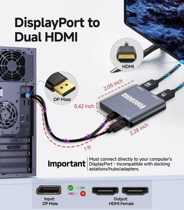 Alt view image 5 of 5 - DisplayPort to Dual HDMI Adapter 1 in 2 Out | 4K60Hz, DP Source to HDMI Splitter Extended Display port splitter for Dual monitors, for Desktop,Laptop,NVIDIA, AMD Graphics Card - MACOS Not Support MST