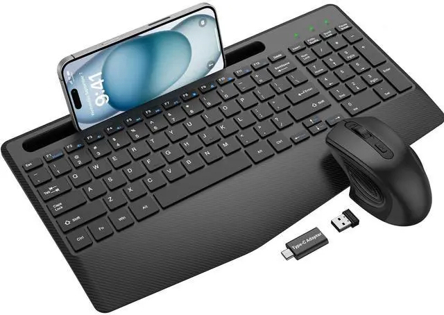 Main image of Wireless Keyboard and Mouse Combo, Ergonomic Keyboard with Wrist Rest, Phone Holder, Sleep Mode, 2.4G Lag-Free Rechargeable Silent Cordless Keyboard Mouse Set for Windows, Mac, Laptop, PC (Black)