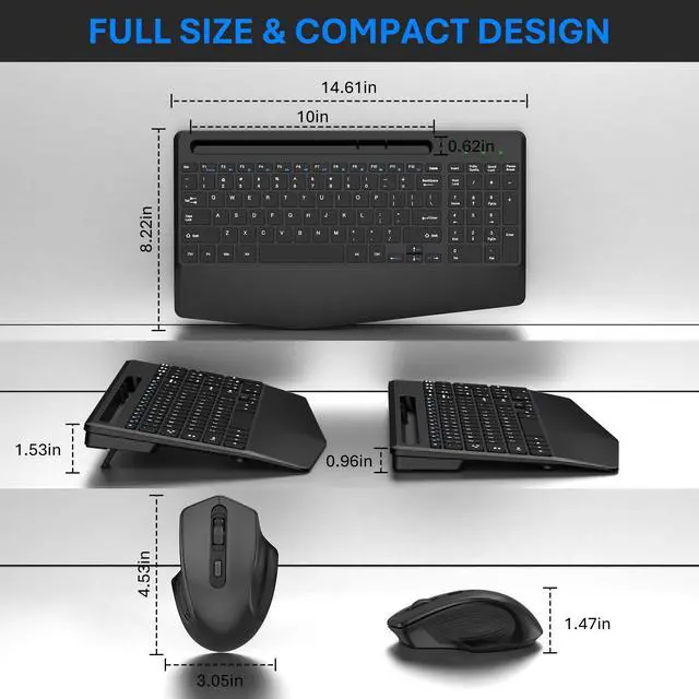 Alt view image 2 of 5 - Wireless Keyboard and Mouse Combo, Ergonomic Keyboard with Wrist Rest, Phone Holder, Sleep Mode, 2.4G Lag-Free Rechargeable Silent Cordless Keyboard Mouse Set for Windows, Mac, Laptop, PC (Black)