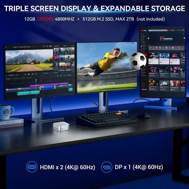 Alt view image 2 of 5 - SOAYAN Mini PC, 13th Twin Lake N150 Linux Mini Computers (up to 3.6GHz), 12GB LPDDR5 512GB SSD Ubuntu Micro Desktop Computer 4K Triple Display/Dual LAN/Type C/DP/WiFi 5/USB3.2/BT4.2 for Home, Office