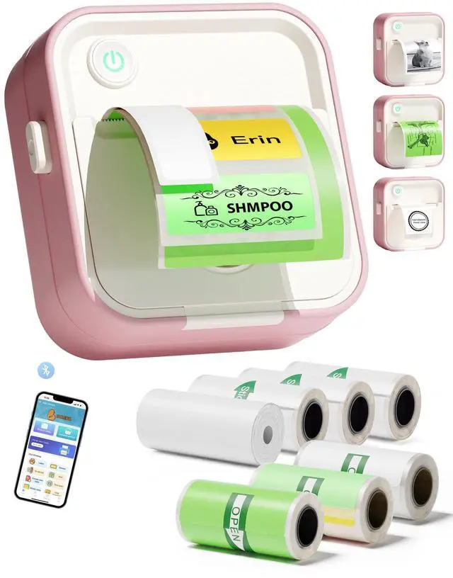 Main image of DOLEWA Label Maker Machine, HD Mini Sticker Printer with 7 Rolls Paper, Portable Thermal Print Pod Supports 12-57mm Papers, Bluetooth Pocket Printer for Home, Kitchen, School (Light Pink)