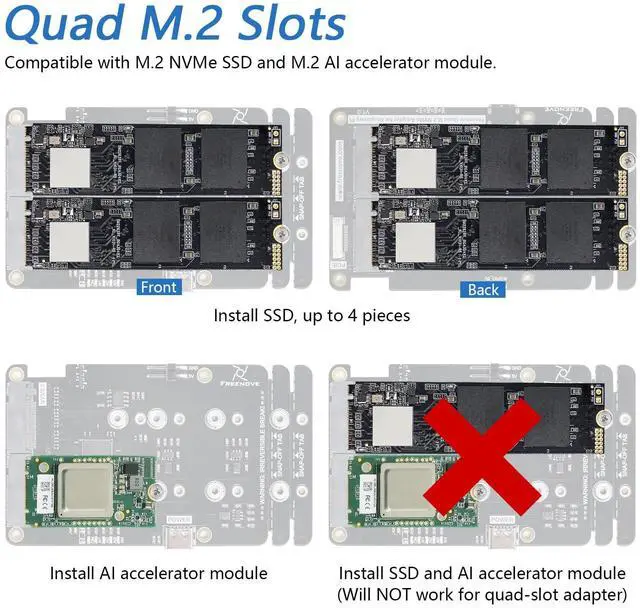 Alt view image 2 of 5 - Freenove Quad M.2 NVMe SSD HAT for Raspberry Pi 5, M.2 Adapter AI HAT 4 Slots NAS RAID Kit, Solid State Drive Size 2230 2242 2260 2280, PCIe 2.0 Max Speed 500 MB/s, Detailed Tutorial